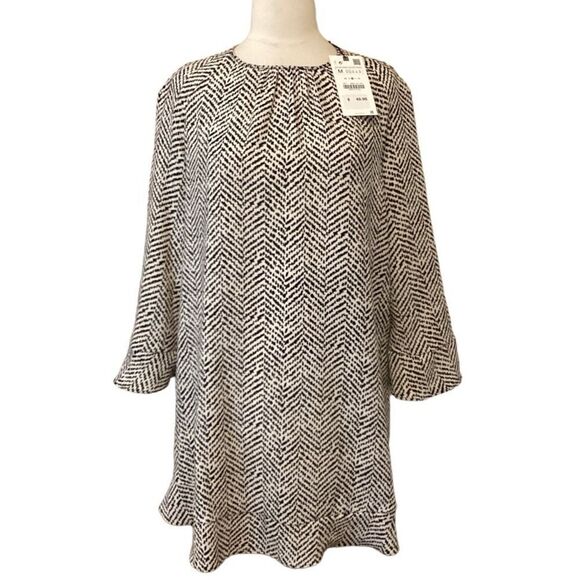 NWT Zara Women's Black Mix Printed Tunic Mini Dress Fluted Sleeve M - Picture 6 of 14